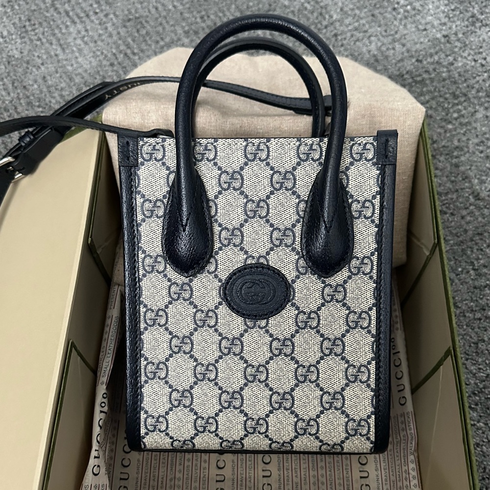 Mini tote bag with Interlocking G Beige and Blue GG supreme canvas